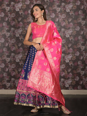 Rajwada Navy Blue Silk Blend Woven Semi-Stitched Lehenga with Stitched Blouse for Women
