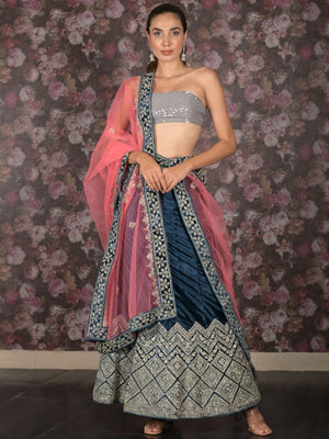 Rajwada Teal Zari Embroidered Stitched Velvet Lehenga with Unstitched Blouse for Women