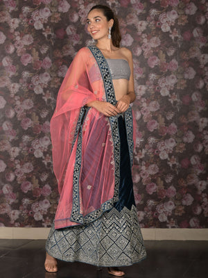 Rajwada Teal Zari Embroidered Stitched Velvet Lehenga with Unstitched Blouse for Women
