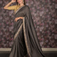 Rajwada Dark Grey Embroidered Crepe Saree with Unstitched Blouse for Women
