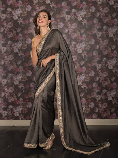 Rajwada Dark Grey Embroidered Crepe Saree with Unstitched Blouse for Women