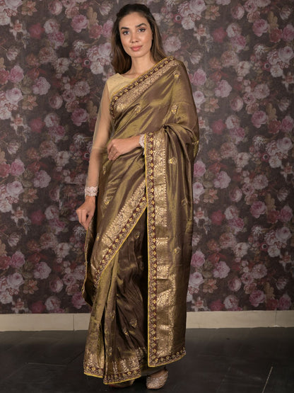 Rajwada Dark Olive Embroidered Silk Blend Saree with Unstitched Blouse for Women