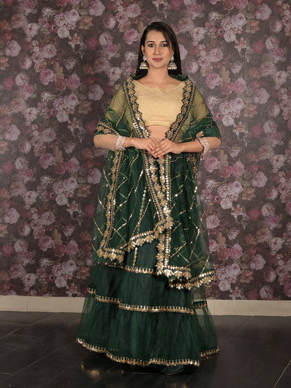 Rajwada Dark Green Embroidered Semi Stitched Net Lehenga Set With Dupatta And Unstitched Blouse For Women