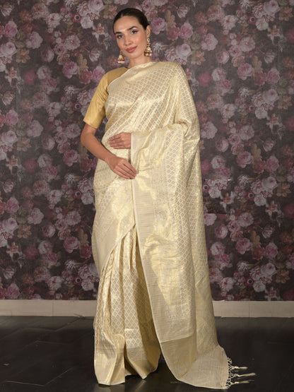Rajwada Off White Gold Thread Woven Silk Blend Saree with Unstitched Blouse for Women
