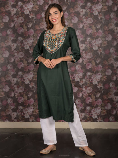 Rajwada Dark Green Straight Embroidered Kurta For Women