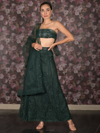 Rajwada Dark Green Embroidered Semi-Stitched Net Lehenga with Unstitched Blouse for Women