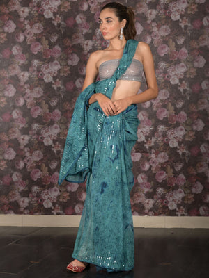 Rajwada Teal Sequins Embroidered Georgette Saree With Unstitched Blouse For Women