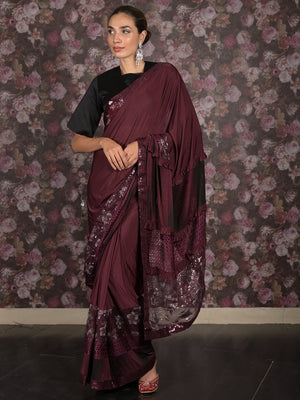Rajwada Purple Embellished Lycra Saree With Unstitched Blouse For Women