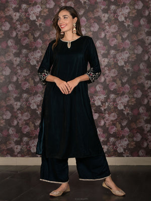 Rajwada Teal Sequins Embroidered Velvet Stitched Kurta Set for Women