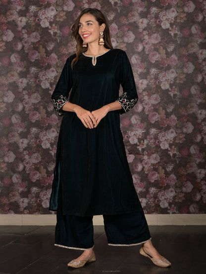 Rajwada Teal Sequins Embroidered Velvet Stitched Kurta Set for Women