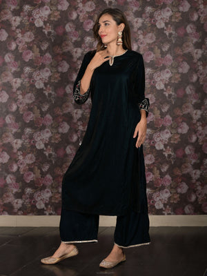 Rajwada Teal Sequins Embroidered Velvet Stitched Kurta Set for Women