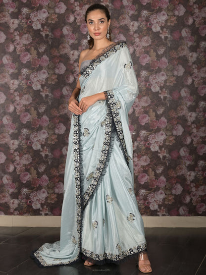 Rajwada Blue Mirror Embroidered Crepe Saree with Unstitched Blouse for Women