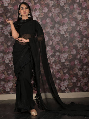 Rajwada Black Sequins Embroidered Georgette Saree With Unstitched Blouse For Women