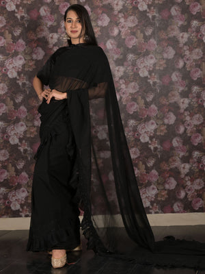 Rajwada Black Sequins Embroidered Georgette Saree With Unstitched Blouse For Women