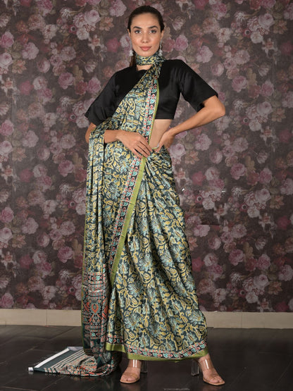Rajwada Dark Green Printed Satin Saree with Unstitched Blouse for Women