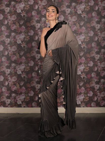 Rajwada Brown Embellished Lycra Ready-to-Wear Saree with Stitched Blouse for Women