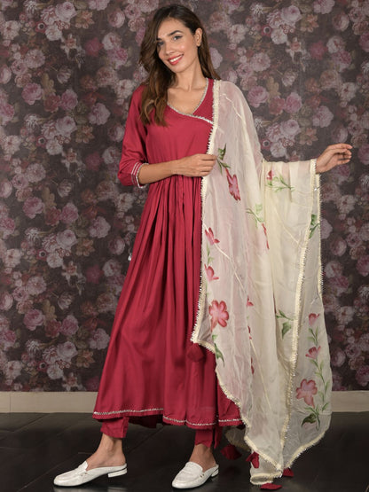 Rajwada Maroon Long Stitched Kurta Set With Dupatta For Women