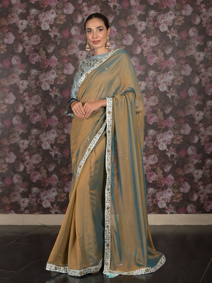Rajwada Brown Blue Shaded Crepe Saree with Stitched Blouse for Women