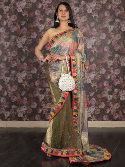 Rajwada Multicolored Sequins Embellished Heavy Net Saree With Unstitched Blouse For Women