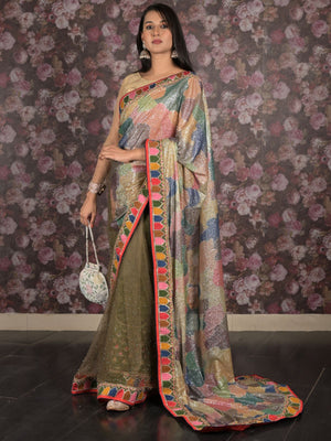 Rajwada Multicolored Sequins Embellished Heavy Net Saree With Unstitched Blouse For Women