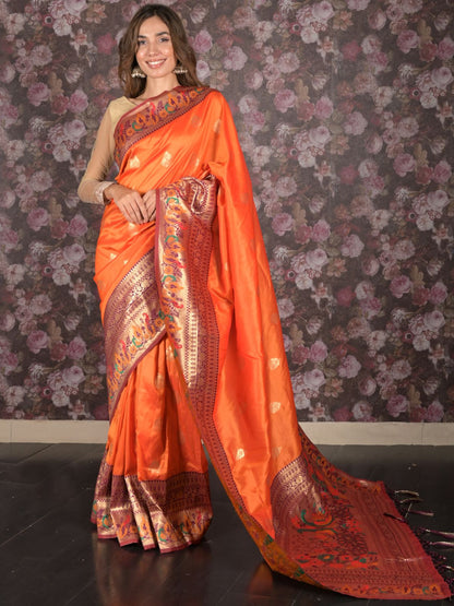 Rajwada Orange Silk Blend Woven Saree with Unstitched Blouse for Women