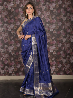 Rajwada Dark Blue Silk Blend Woven Brocade Saree with Unstitched Blouse