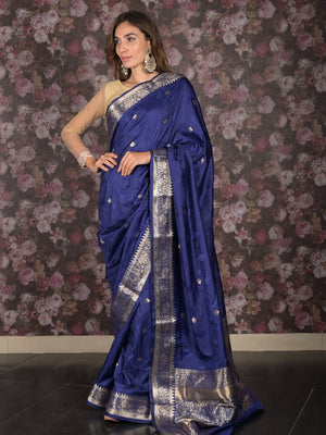 Rajwada Dark Blue Silk Blend Woven Brocade Saree with Unstitched Blouse