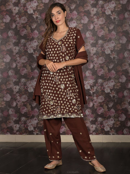 Rajwada Brown Sequins Embroidered Semi Stitched Kurta Set With Dupatta For Women