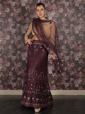 Rajwada Purple Semi Stitched Thread Embroidered Net Lehenga with Unstitched Blouse And Dupatta For Women