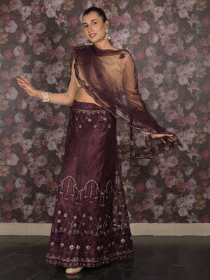 Rajwada Purple Semi Stitched Thread Embroidered Net Lehenga with Unstitched Blouse And Dupatta For Women