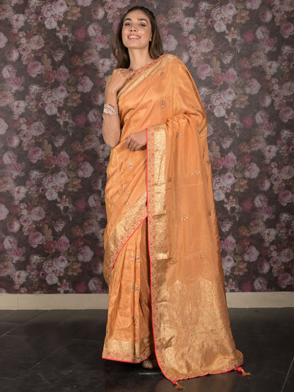 Rajwada Mustard Woven Silk Blend Saree With Unstitched Blouse For Women