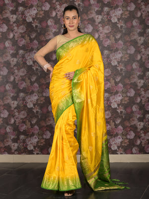 Rajwada Yellow Cotton Blend Woven Saree with Unstitched Blouse for Women