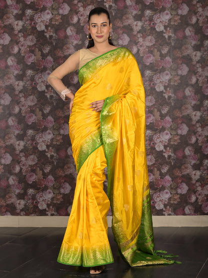 Rajwada Yellow Cotton Blend Woven Saree with Unstitched Blouse for Women