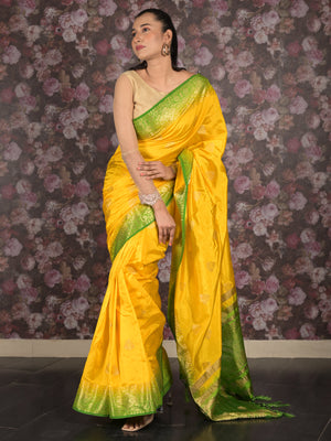 Rajwada Yellow Cotton Blend Woven Saree with Unstitched Blouse for Women