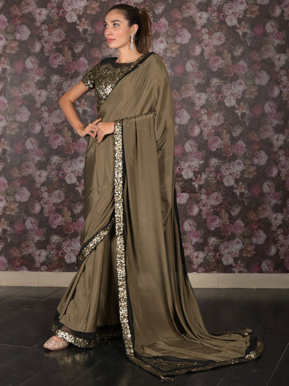 Rajwada Olive Green Embellished Crepe Saree With Stitched Blouse For Women