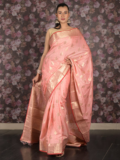 Rajwada Light Pink Woven Silk Blend Saree With Unstitched Blouse For Women