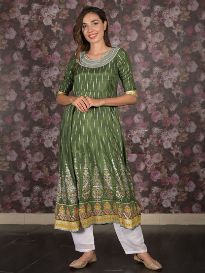 Rajwada Dark Green Flared Embroidered Stitched Kurta For Women
