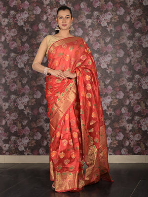 Rajwada Red Woven Silk Blend Saree With Unstitched Blouse For Women
