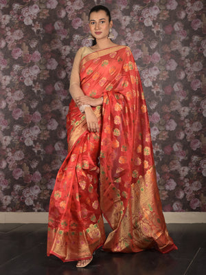 Rajwada Red Woven Silk Blend Saree With Unstitched Blouse For Women