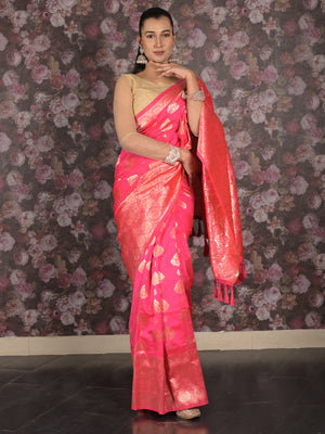 Rajwada Pink Woven Silk Blend Saree With Unstitched Blouse For Women