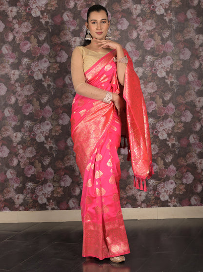 Rajwada Pink Woven Silk Blend Saree With Unstitched Blouse For Women