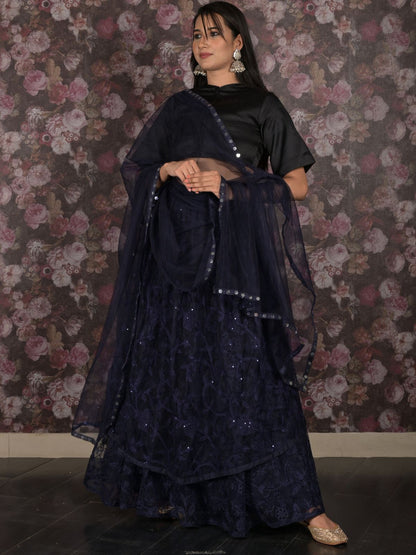 Rajwada Navy Blue Embroidered Semi Stitched Net Lehenga Set With Dupatta And Unstitched Blouse For Women