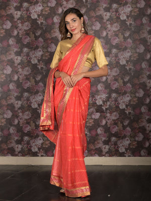 Rajwada Red Woven Crepe Saree With Unstitched Blouse For Women
