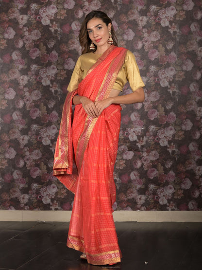 Rajwada Red Woven Crepe Saree With Unstitched Blouse For Women