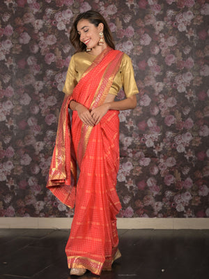 Rajwada Red Woven Crepe Saree With Unstitched Blouse For Women