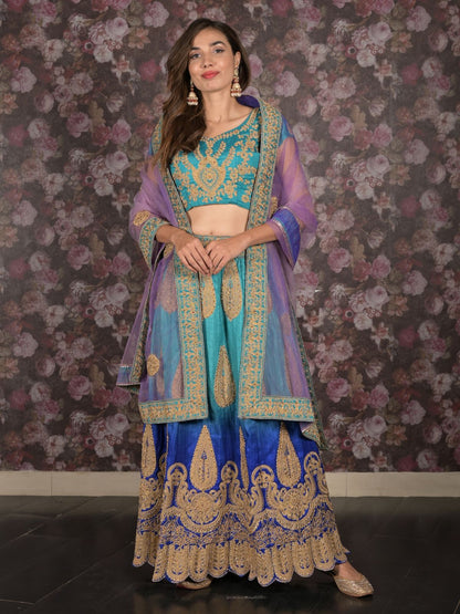 Rajwada Blue Zari Embroidered Stitched Silk Blend Lehenga with Stitched Blouse for Women