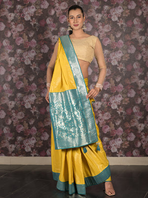 Rajwada Yellow Foil Printed Silk Blend Woven Saree with Unstitched Blouse for Women