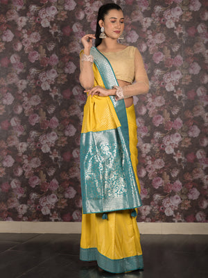 Rajwada Yellow Foil Printed Silk Blend Woven Saree with Unstitched Blouse for Women