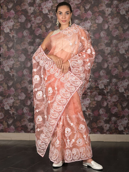 Rajwada Peach Embroidered Organza Saree Without Blouse for Women
