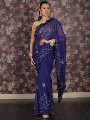 Rajwada Dark Blue Thread Embroidered Georgette Ruffles Saree With Unstitched Blouse For Women